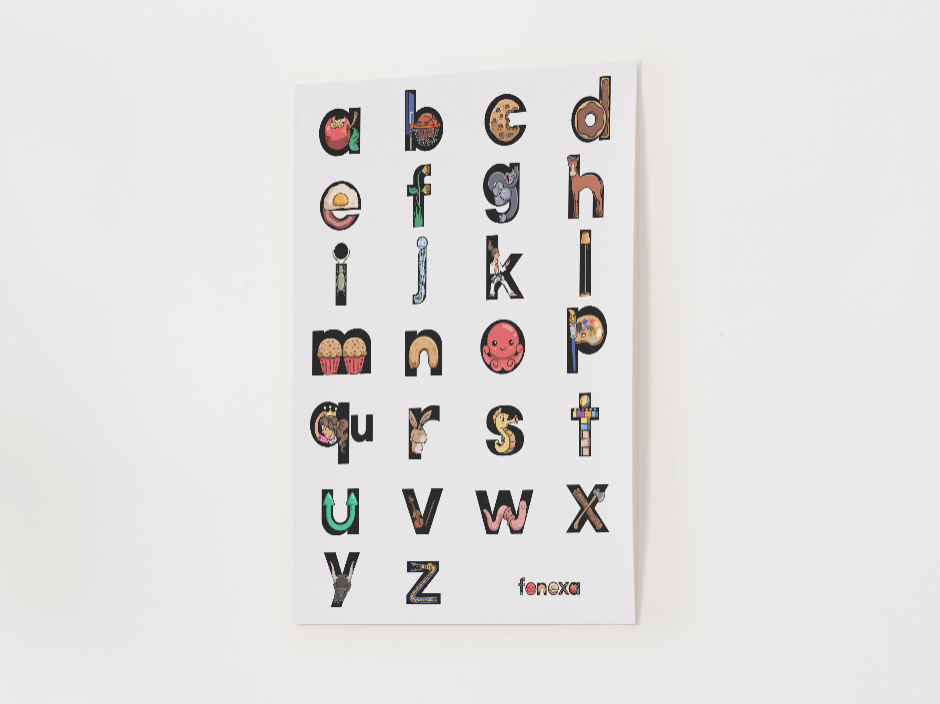 Mnemonic alphabet poster with colorful letters on a white background, poster for kids with letter sounds