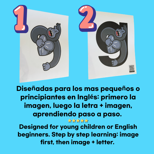 large digital mnemonic phonics flashcards for kids with clear images. Sedigned for english begginers. Diseñada para principiantes en inglés.