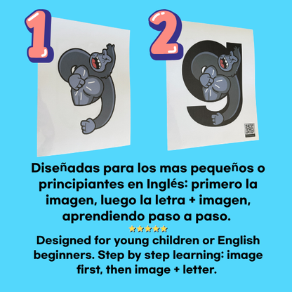 large digital mnemonic phonics flashcards for kids with clear images. Sedigned for english begginers. Diseñada para principiantes en inglés.