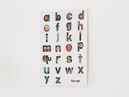 Mnemonic alphabet poster with colorful letters on a white background, poster for kids with letter sounds