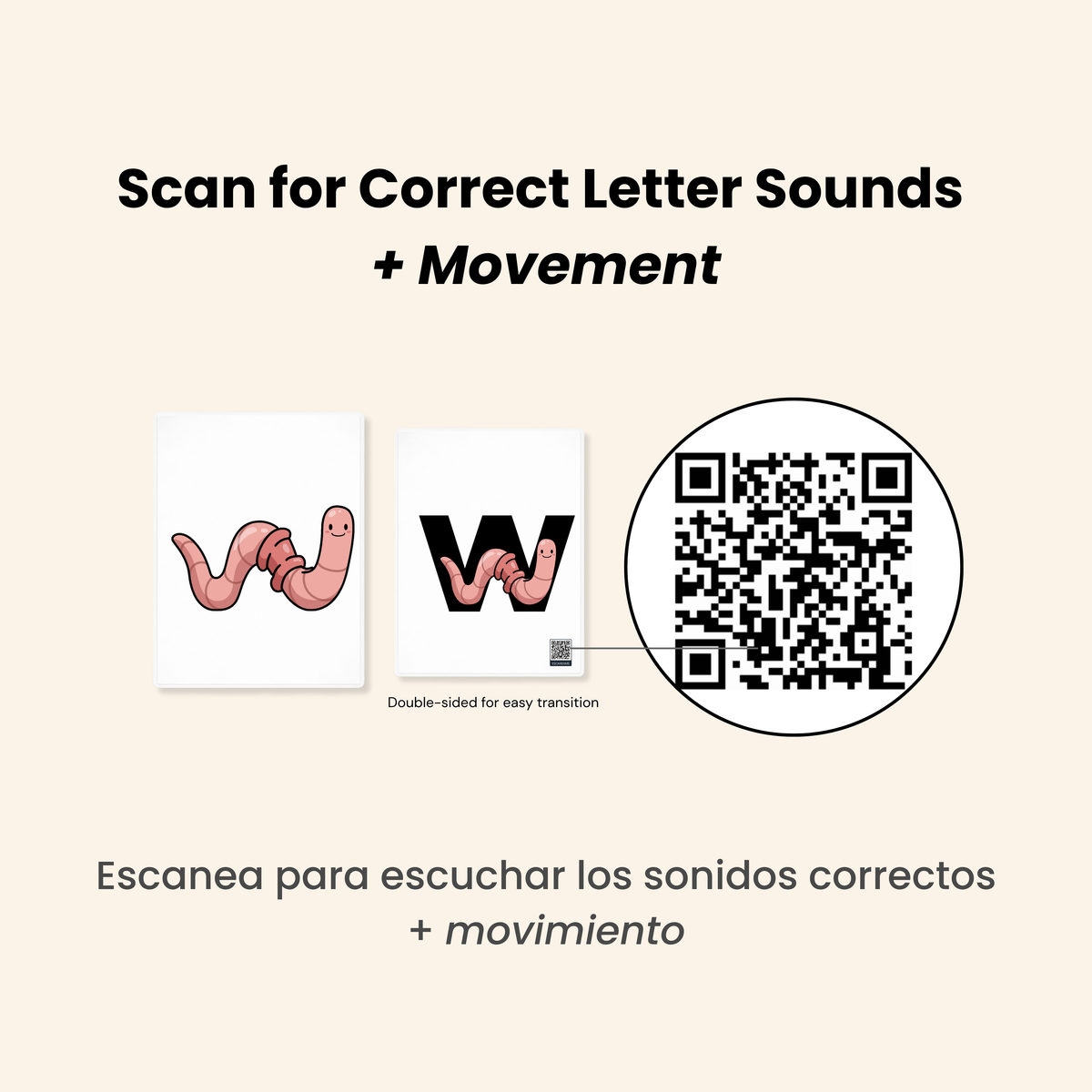 Educational material with letters 'W' and QR code on a beige background. Mnemonic phonics flashcards for kids with embedded pictograph images
