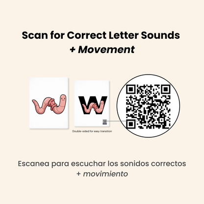 Educational material with letters 'W' and QR code on a beige background. Mnemonic phonics flashcards for kids with embedded pictograph images