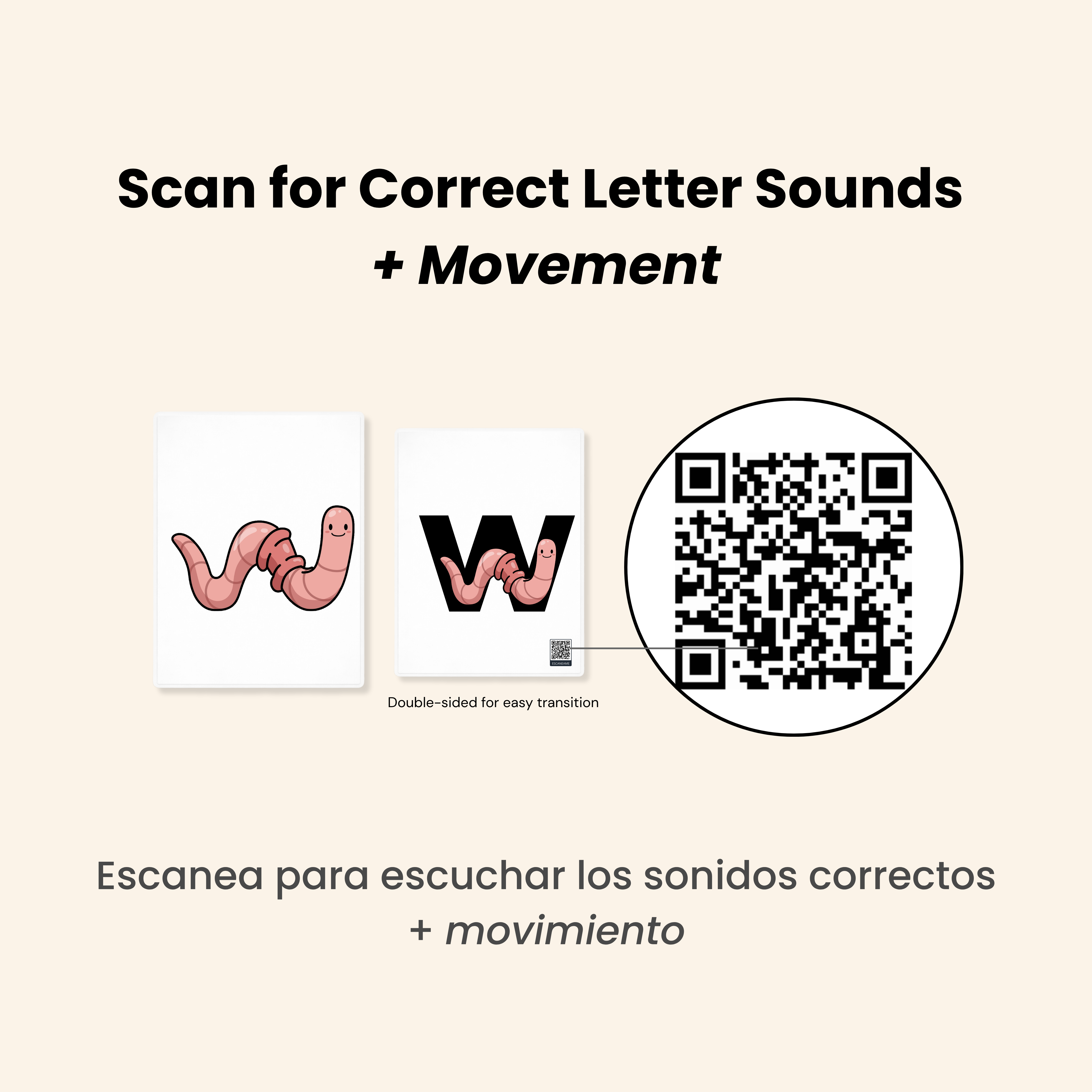 Educational material with letters 'W' and QR code on a beige background. Mnemonic phonics flashcards for kids with embedded pictograph images