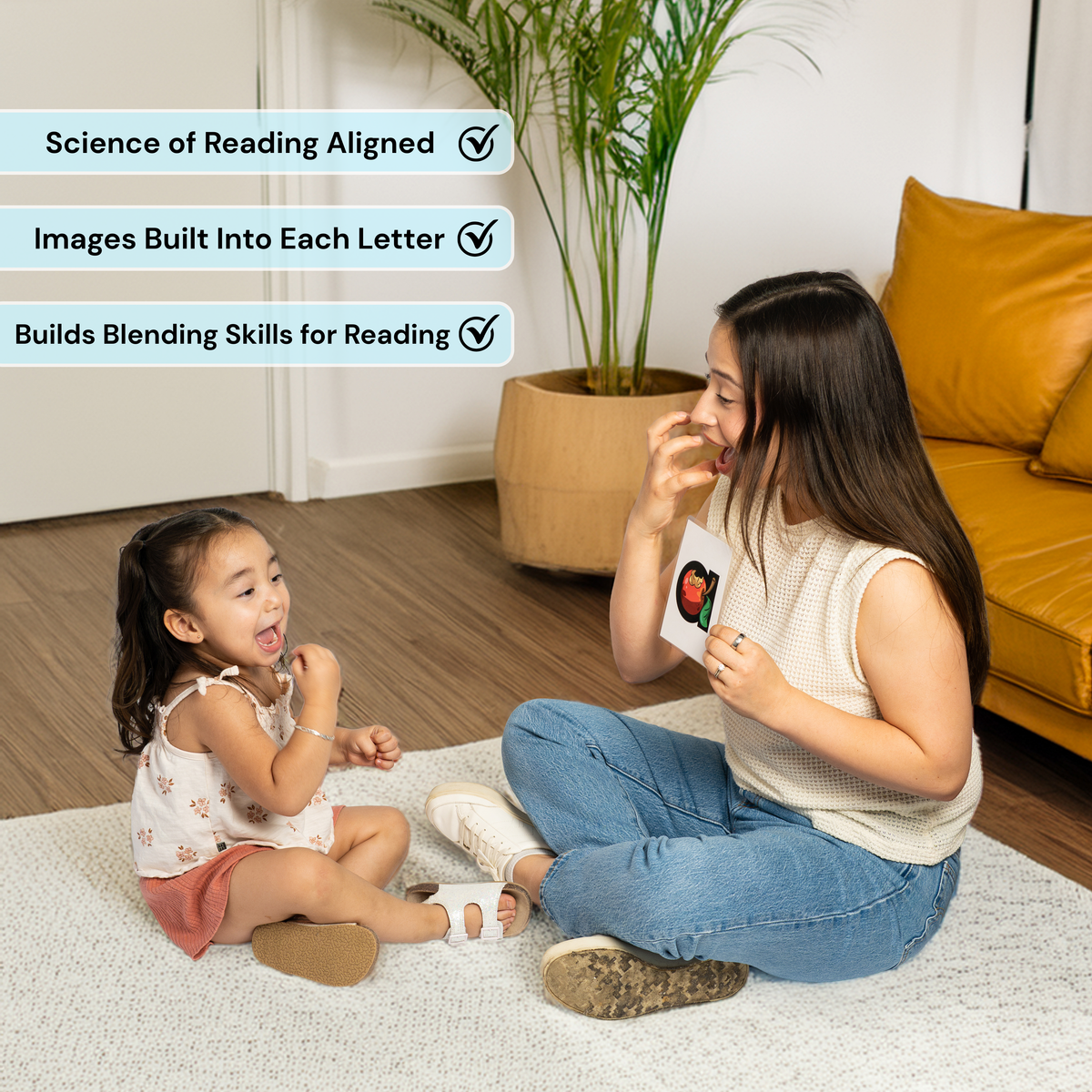 mnemonic phonics flashcards for kids with embedded pictograph images, science of reading aligned, images built into each letter, builds blending skills for reading