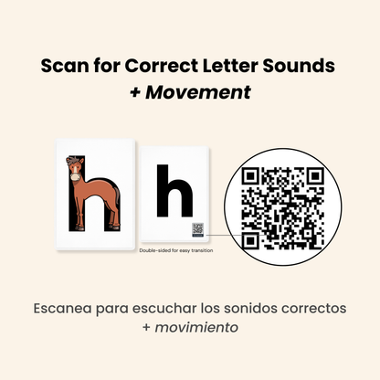 Educational material with letters 'W' and QR code on a beige background. Mnemonic phonics flashcards for kids with embedded pictograph images
