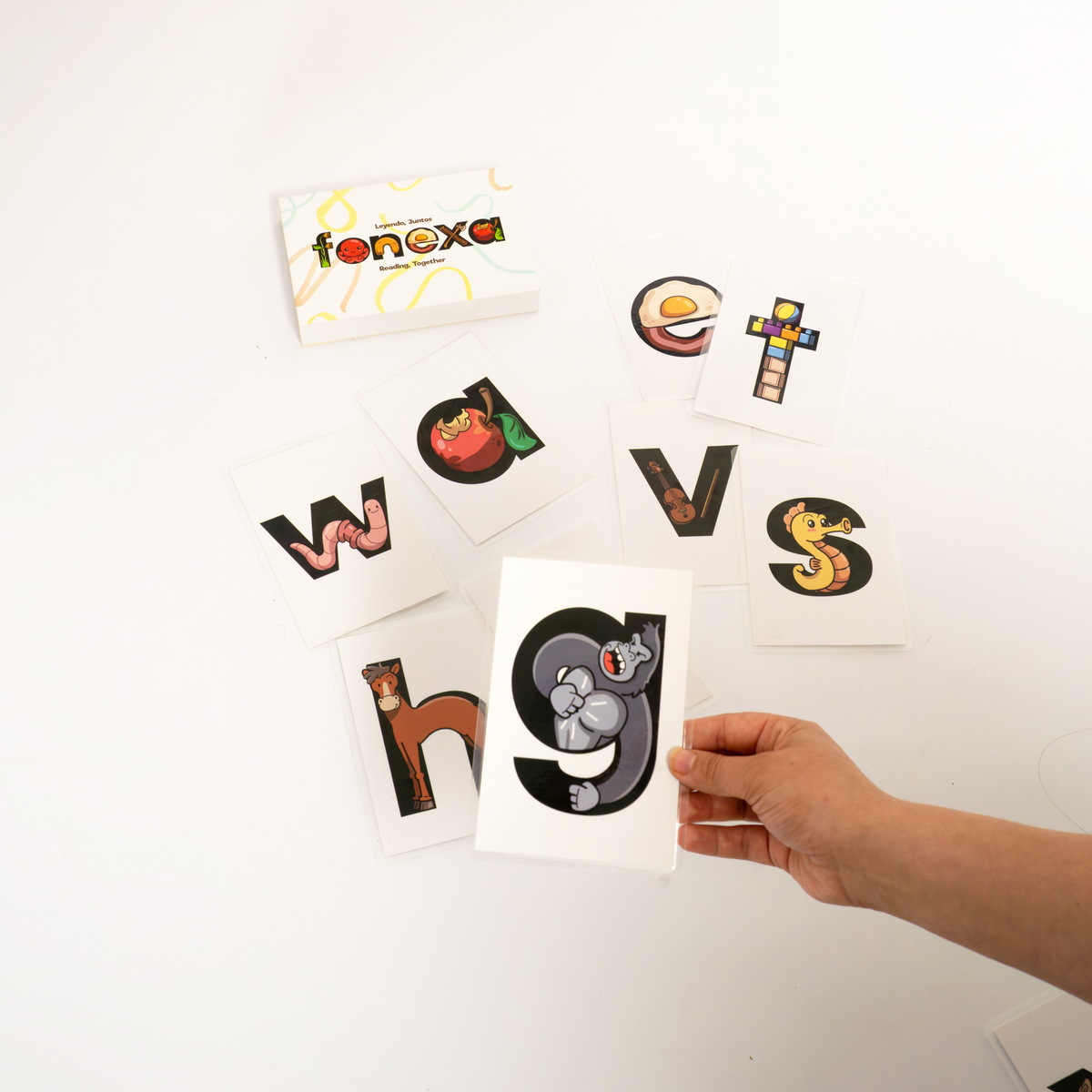 mnemonic phonics flashcards for kids with embedded pictograph images

Colorful letter cards with cartoon illustrations.